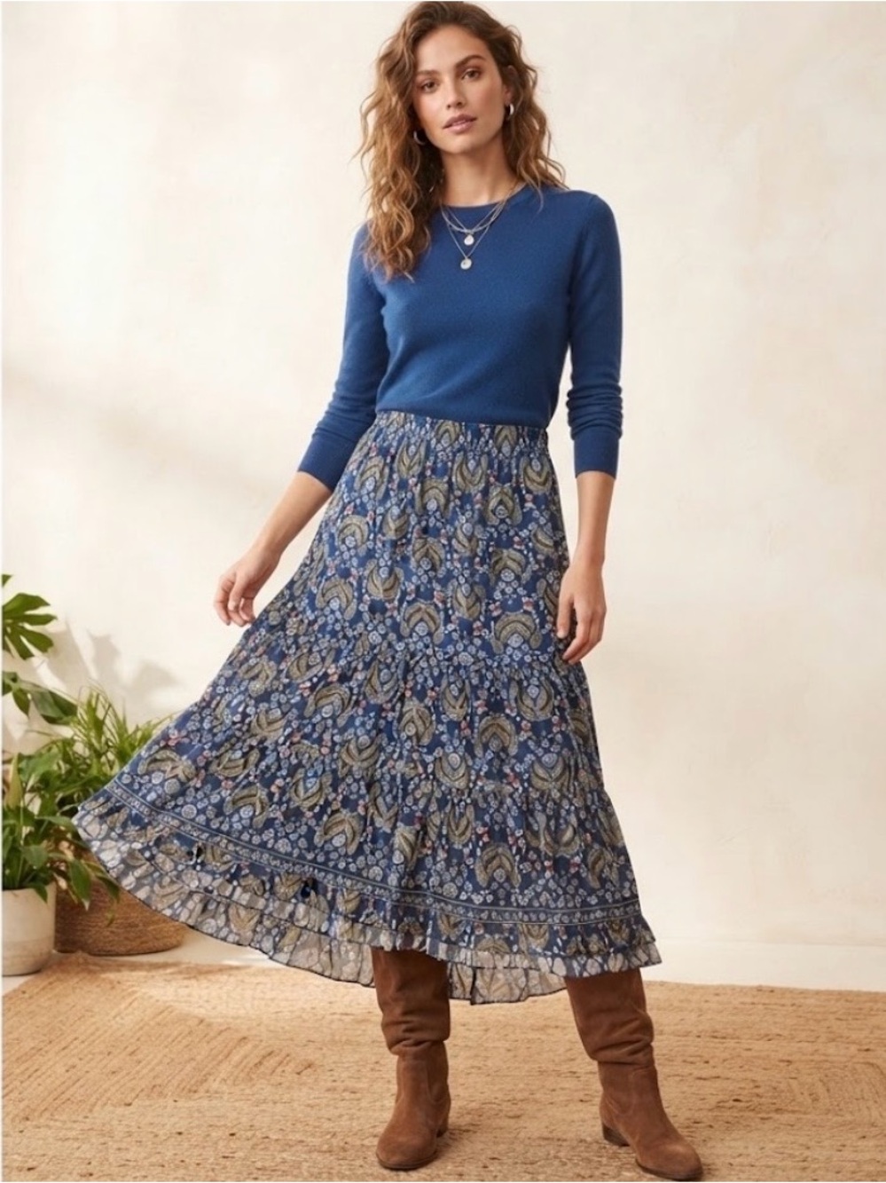 Max Studio 2 tiered floral maxi skirt in a blue paisley gold red flowy a line XL